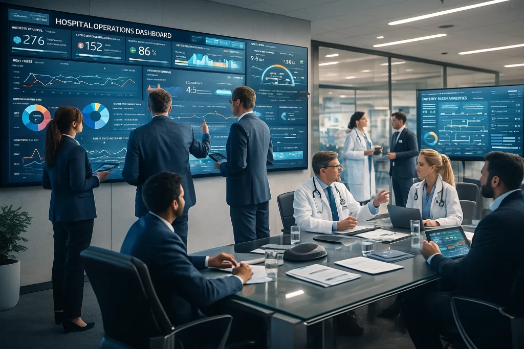 Hospital administrators or healthcare managers reviewing dashboards