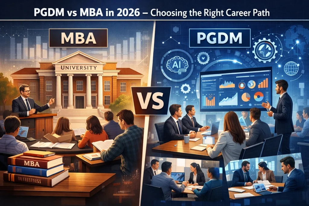 Comparison of PGDM vs MBA in 2026 highlighting industry relevance, AI skills, and career outcomes