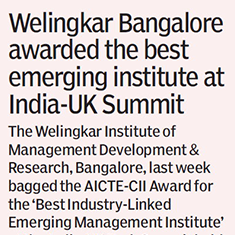 Welingkar Bangalore awarded the best emerging institute at India-UK summit (Bangalore)