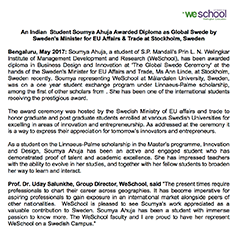 An Indian Student Soumya Ahuja Awarded Diploma as Global Swede by Sweden's Minister for EU Affairs & Trade at Stockholm, Sweden (Bangalore)