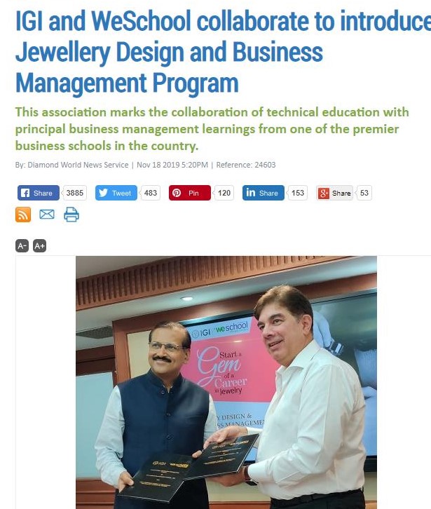 IGI and WeSchool collaborate to introduce Jewellery Design and Business Management Program