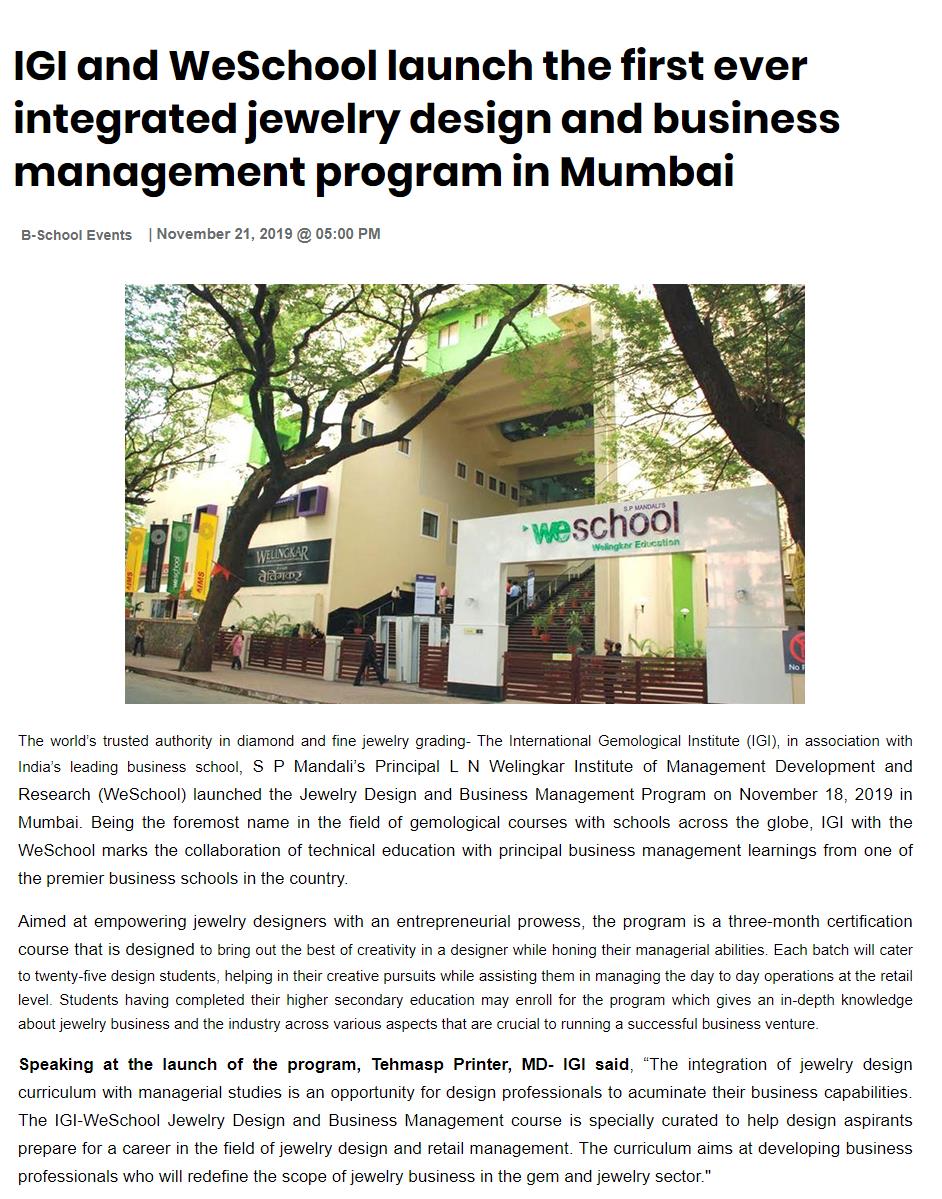 IGI and WeSchool launch the first ever integrated jewelry design and business management program in Mumbai