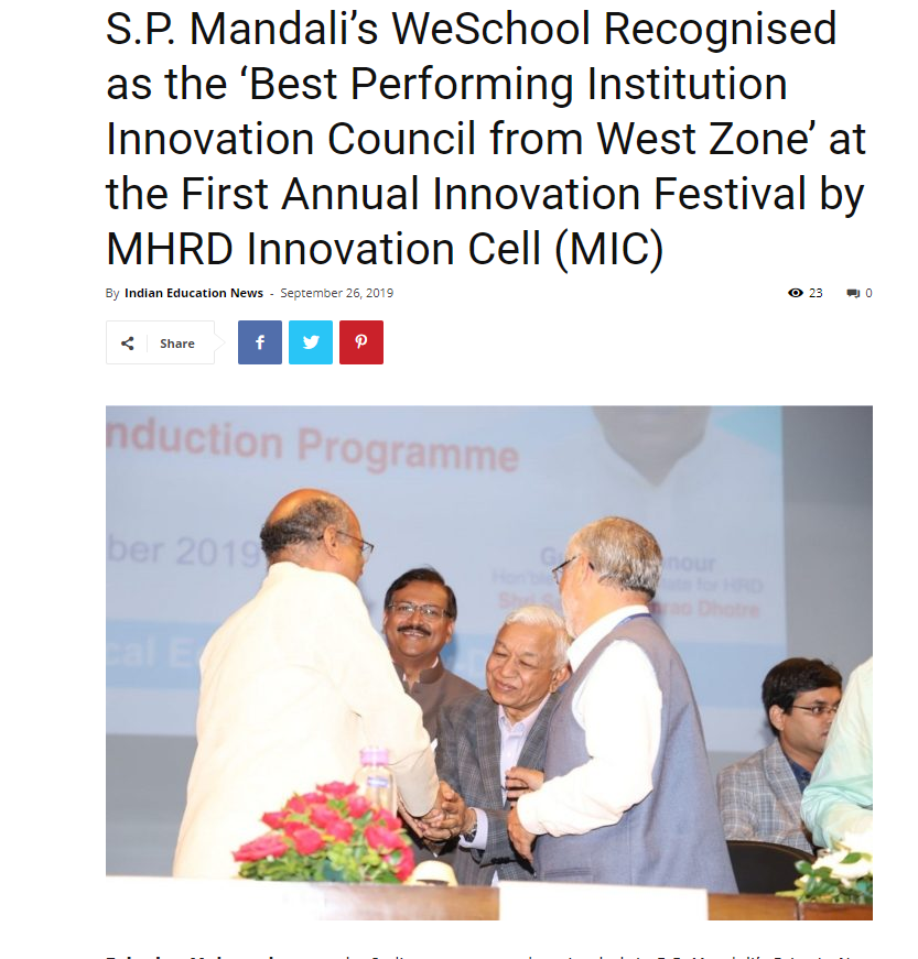 S.P. Mandali's WeSchool recognised as the 'Best Performing Institution Innovation Council from West Zone'